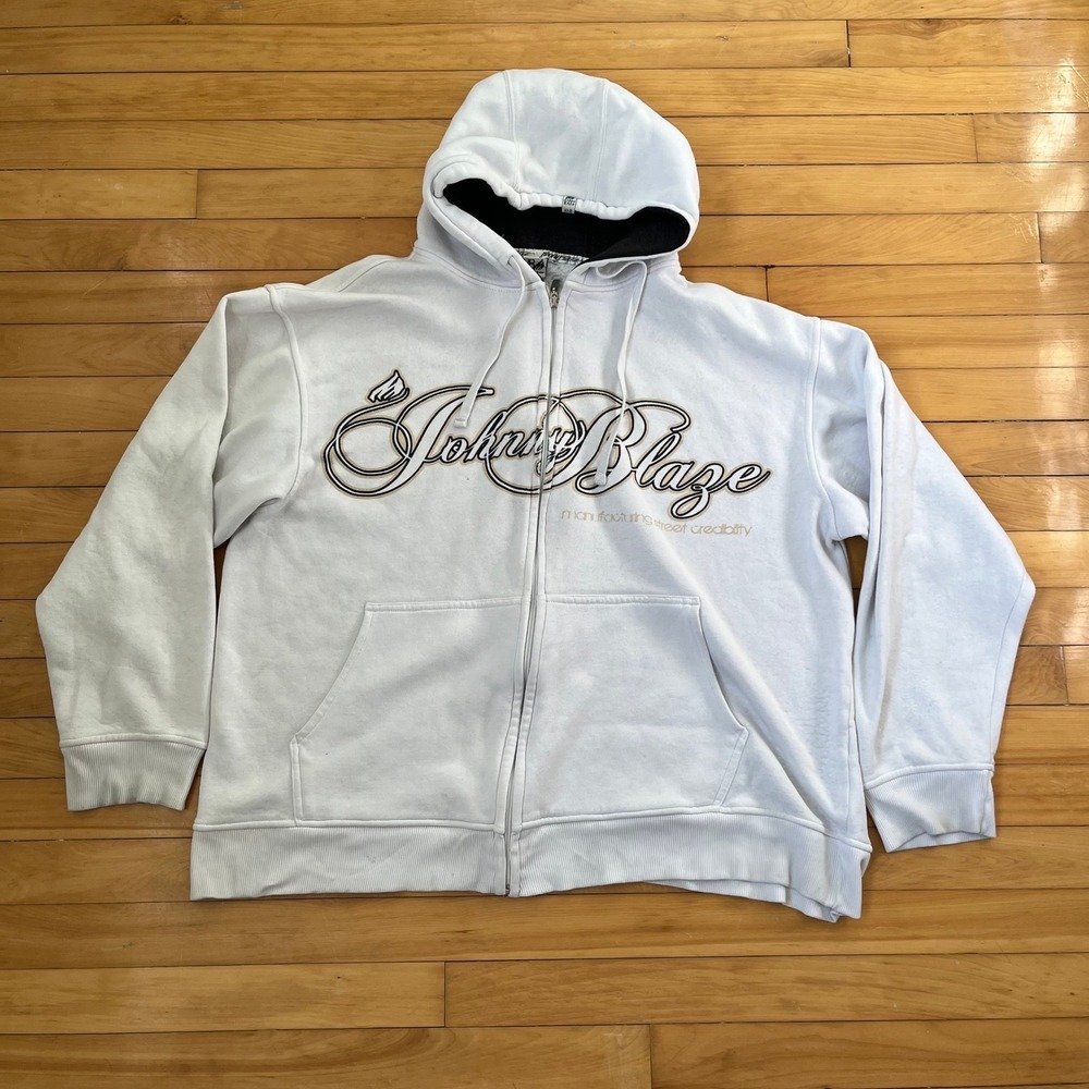 Johnny Blaze Vintage White Full Zip Hoodie Logo XXL Hip Hop 90s Y2K